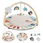 Blissful Diary Baby Play Gym & Activity Mat, 5 Developmental Zones Wooden Tummy Time Mat with 6 Detachable Sensory Toys for Motor Skills & Sensory Development, Baby Essentials Shower Gift
