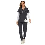 COZYFIT Scrubs for Women Set - Stretch V-Neck Scrub Top & Jogger Pant with 10 Pockets, Yoga Waistband, Anti Wrinkle, Slim Fit Women Scrubs - Dark Grey, L