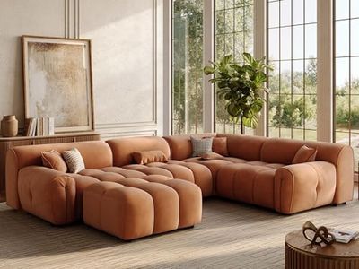 POVISON 135'' Oversized U-Shaped Sectional Sofa with Ottoman, Deep Seat Minimalist Mid Century Modern Couch, Extra Large Tufted Curved Sofa, Waterproof Corner Couches for Living Room, Camel