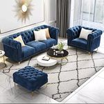 A to Z Furniture Modern Classic 4 Seater Fabric & Valvet Tufted 3+1+1Footrest Chesterfield Sofa Living Room and Office (Blue)