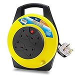 ExtraStar 4 Sockets Cable Reel, 13A Heavy Duty Cord Reel with Winding Handle, 1100W/3120W Thermal Cut-Out Protection UK Plug Extension Reel with 15M Metres Extension Cable - Yellow