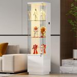 Curio Display Cabinet,3-Tier Lockable Corner Glass Cabinet with Adjustable Glass Shelf, High Gloss Display Cases with 3 Color Lights for Collectibles,with Hidden Storage Cabinets for Liquor,White