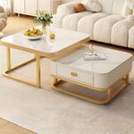 Zamofy Modern Marble Finish Set of Coffee Table 2 Piece, Nesting Stacking Tea Table Stylish Square Center Table with Drawer Metal Frame Perfect for Living Room (Gold & White)