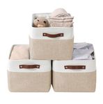 DECOMOMO Storage Bins | Fabric Storage Basket for Shelves for Organizing Closet Shelf Nursery Toy | Decorative Large Linen Closet Organizers with Handles Cubes (Beige and White, Large - 3 Pack)