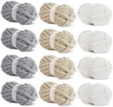 HOMBYS Chunky Chenille Yarn for Crocheting, Super Bulky Jumbo Yarn for Hand Knitting, 3/4" Thick Soft Plush Yarn for Blankets, 12 Skein Pack (27 yds / 8 oz Each), Multi Assorted Cream Grey Khaki