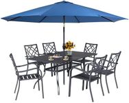 Oakcloud 7-Piece Patio Dining Set with Dark Blue Umbrella, Outdoor Metal Furniture Dining Table Set 6 Stackable Patio Dining Chairs and Rectangle Dining Table with Umbrella Hole