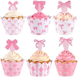 48 PCS Bow Cupcake Toppers and 48 PCS Pink Bow Cupcake Liners