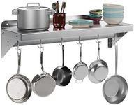 RIEDHOFF Metal Multifunctional Storage Rack with Backplash for Kitchen, [NSF Certified] 12" x 36" Stainless Steel Wall Mount Shelf with 6 Hooks for Hanging Pots, Pans,cookware in Home and Restaurant