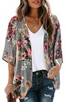 Women's Kimono Cardigan Beach Short Sleeve Shirt Open Front Shawl Loose Flowy Summer Tops(Dark Grey, XL)