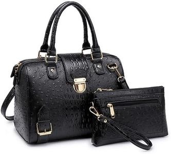 Dasein Women Barrel Handbags Fashion Satchel Bags Top Handle Shoulder Purses Vegan Leather Work Tote (Ostrich Black)