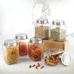 CELLO Qube Fresh Glass Storage Jar | Container with Air tight Silver Metal Lid | Multipurpose Jar | For Storage of Food, Pulses, Spice, Cereals, Cookies, Dry Food | Set of 6, 800ml, Clear