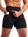 Pudolla Men’s 2 in 1 Running Shorts 5" Quick Dry Gym Athletic Workout Shorts for Men with Phone Pockets, Black, Medium