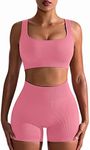 OQQ Workout Outfits for Women 2 Piece Seamless Ribbed High Waist Leggings with Sports Bra Exercise Set…, Peachred, Small