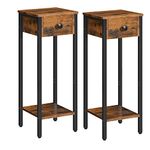 HOOBRO Slim Bedside Table, Set of 2, Tall Bedside Table with Drawer, Metal Frame, Small Side Table, Telephone Table for Small Spaces, Narrow Nightstand, Rustic Brown and Black EBF77BZP201