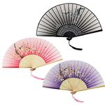 3 PCS Silk Folding Fans, Chinese Style Hand Fan Folding Fan Fabric Fan Silk Fan Hand Fan Ribs Dancing Fan Cosplay Fan with Tassel Handle Bamboo Fans Chinese Fans Handheld for Women Men