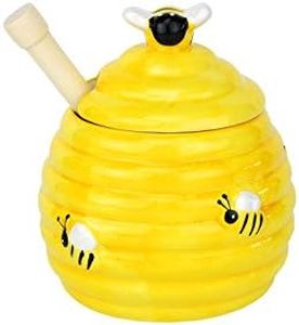 HiT 3 teiliges Set Honigtopf mit Deckel aus Keramik gelb Bienenstock Form mit Holzlöffel für Honig und Sirup I Behälter für Ahornsirup mit Keramikdeckel mit Aussparung für den Honiglöffel