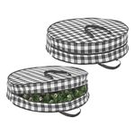 mDesign Round 30" Wreath Storage Container with Handles, Fabric Christmas Wreath Storage Bag, Protector, Garland Storage Bag Container, Holiday Decoration Organizer - 2 Pack, Buffalo Plaid Black/White