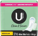 U by Kotex Clean & Secure Ultra Thin Pads with Wings, Regular Absorbency, 216 Count (6 Packs of 36) (Packaging May Vary)