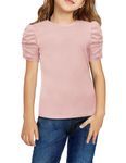 Arshiner Girls Puff Short Sleeve Tunic Tops for Girls 2024 Spring Summer Trendy Crew Neck Casual Ribbed Knit T Shirts Blouses Tee Light Pink 5-6 Years