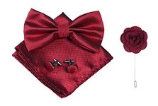 KRAWATTE Men's Microfiber Bow Tie Set with Pocket Square and Cufflinks (Blood Red)