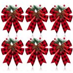 Syhood 6 Pcs Christmas Bows Buffalo Plaid Bow Checkered Ribbon Bow with Pine Cone Christmas Tree Decoration Bows for Christmas Parties Christmas Trees Indoor Crafts(Black and Red)