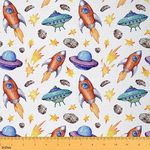 Watercolor Rocket Fabric by The Yard,Cartoon Flying Saucer Stars Indoor Outdoor Fabric for Chair Sofa,Mystery Universe Waterproof Outdoor Fabric,Childern Outer Space Decor Sewing Supplies,2 Yards