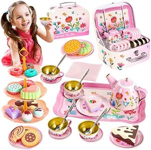 ShyLizard Tea Set for Little Girls, Kids Party Set Toys for 3 Year Old Girls, Princess Tea Set for Girls Gifts, Flower Design Toy Tea Set Toys for Girls, Gifts for 3 4 5 6 Year Old Girls, 43PCS