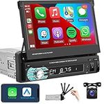 Single Din Car Stereo with Apple Carplay Android Auto,7 Inch HD Manual Retractable Touch Screen Bluetooth Car Radio with FM Radio Phone Mirror Link, USB/TF/AUX Input, Remote Control + Backup Camera