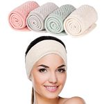 Whaline 4 Pack Spa Facial Headband Super Absorption Makeup Hair Wrap Adjustable Coral Fleece Hair Band Soft Towel Head Band for Face Washing, Shower Sports Yoga (Pea Green, Pink, Beige, Light Gray)