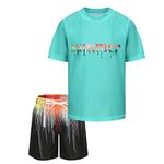 Aisyee Boys Rash Guard Swimsuits Set for Boys Short Sleeve Swim Shirts with Trunks 2 Piece Quick Dry Swim Set Green Summer Splash Size 10/8-10 Years