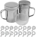 AIFUDA Large Size Powdered Sugar Shaker Duster with Handle, 2pcs Stainless Steel Powder Shakers for Pepper Cinnamon Powder Flour with Printing Molds Stencils - Fine & Large Mesh