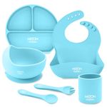 Milton Baby Silicone Feeding Set of 6 I Strong Suction Base with Release Tab I 100% Food Grade-BPA Free I Weighted Base Tumbler I No Mess I Adjustable Fit Bib I Soft Spoon I Sky Blue
