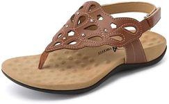 Athlefit Orthopedic Sandals for Women Summer Arch Support Thong Sandals Comfortable Dressy Brown Leather Flat Sandals Size 8