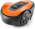 Flymo EasiLife GO 400 Robotic Lawn Mower for the perfect manicured lawn. Easy set-up and installation. Convenient app control. Quietly Safely cuts up to sqm, orange and grey, 400m2