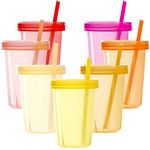 Youngever 7 Sets Plastic Kids Cups with Lids and Straws, 7 Reusable Toddler Cups with Straws in 7 Pink Colors