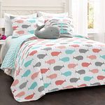 Lush Decor Whale Kids Reversible 5 Piece Quilt Bedding Set with Sham and Decorative Throw Pillows, Full Queen, Pink and Aqua