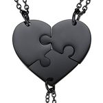 BFF Necklace, Heart Shape Jigsaw Pendant & Rolo Chain, 3 Piece Blank Puzzle Pendants, Make Up A Heart, 3 Pieces Suit Necklace, Black Plated Stainless Steel Gift Jewellery Couple/Friend/Family Necklace