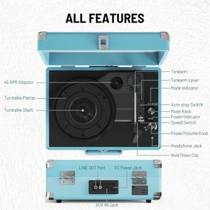 1 BY ONE Bluetooth Record Player – Turquoise Turntable