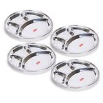 Sumeet Stainless Steel Round 4 in 1 Compartment Lunch/Dinner Plate Set of 4Pcs, 32.5cm Dia, Silver