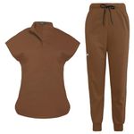 niaahinn Scrubs Set for Women Nurse Uniform Jogger Suit Stretch Top & Pants with Multi Pocket for Nurse Esthetician Workwear (Brown, X-Large)