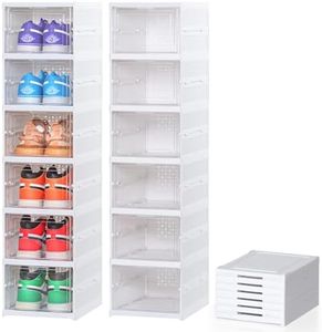 JULY'S SONG Cajas de zapatos apilables, paquete de 6 unidades, transparentes, de plástico duro, color blanco, caja de zapatos con tapa hasta talla 44, fácil montaje