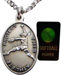 Softball Pewter Medal Ladies Necklace Set with Stainless Steel Chain with St Sebastian Boxed Prayer Card Saint Expressions Premium Jewelry for Athletes, one inch, Stainless Steel, No Gemstone