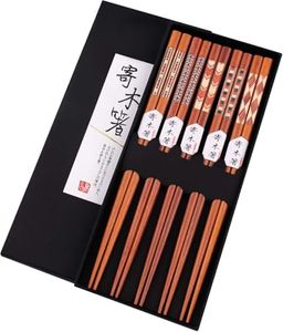 5 Pairs of Reusable Natural Wood & Bamboo Chopsticks – Handcrafted Rosewood & Japanese Style Gift Set, Dishwasher Safe, Anti-Slip Design, 8.8 Inches (22.5cm) (Natural Wood 2)