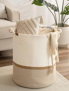 StorageWorks 72L Cotton Rope Laundry Basket with Wooden Beads Handles, Woven Basket for Storage, Dirty Clothes, Kids Toys, Towels, White & Khaki