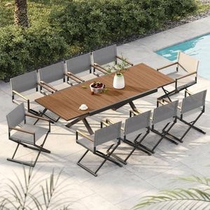 Grand patio 11-Piece Outdoor Dining Set, 10 Extra-Wide Foldable Chairs & 1 Extendable Table, UV-Resistant Mesh Patio Furniture Set, Wood Grain Tabletop for Garden, Yard and Terrace, Black