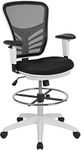 Flash Furniture Mid-Back Black Mesh Ergonomic Drafting Chair with Adjustable Chrome Foot Ring, Adjustable Arms and White Frame