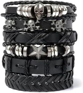 Evrblock Skull Bracelet - 6 Pcs Black Leather Bracelets for Men & Women, Emo, Grunge, Punk Accessories – Adjustable Size (7" to 11"), Durable Leather, Comfortable Fit, Stylish & Unisex