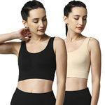 SOIE Women Medium Impact Cotton Spandex Non Padded Non Wired Long Line Sports Bra Pack of 2, Nude,Black, L