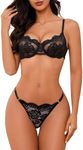 Lilosy Sexy Underwire Push Up Scallop Floral Lace Sheer Lingerie Set for Women Bra and Panty 2 Piece, Lace Mesh Black, Medium