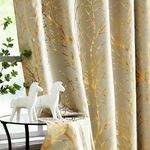 FMFUNCTEX 100% Blackout Curtains Ivory Gold Tree for Living Room, Curtains 84 Inches Long Foil Branch Patterned Panels for Bedroom, Thermal Insulated Drapes Home Office Grommet Top 2 Panels